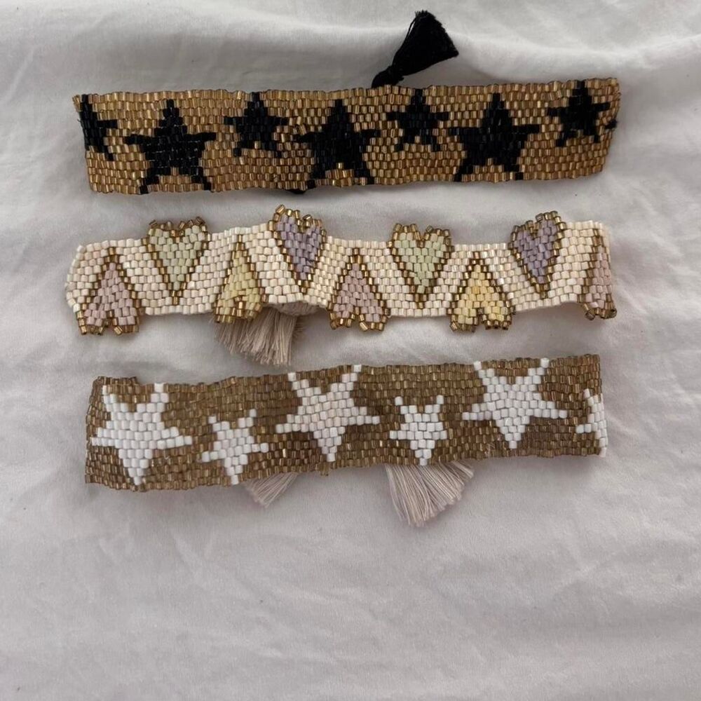 BOUTIQUE Bundle Lot of 3 Star Heart Beaded Tassel Women's Gold Woven Bracelets V